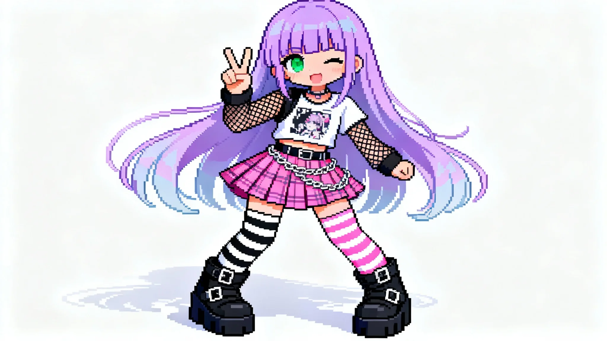 A full-body pixel art illustration of a stylish anime girl with pastel purple hair, wearing a trendy layered outfit and making a peace sign, created in the 'Everskies' aesthetic against a plain white background.