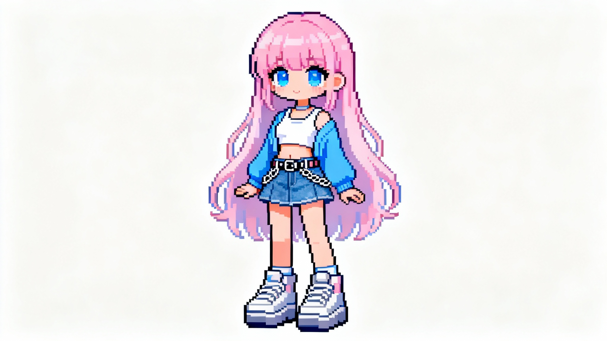 A full-body pixel art character of a girl with pastel pink hair and a Y2K-style outfit, created in the Everskies game aesthetic, isolated on a white background.