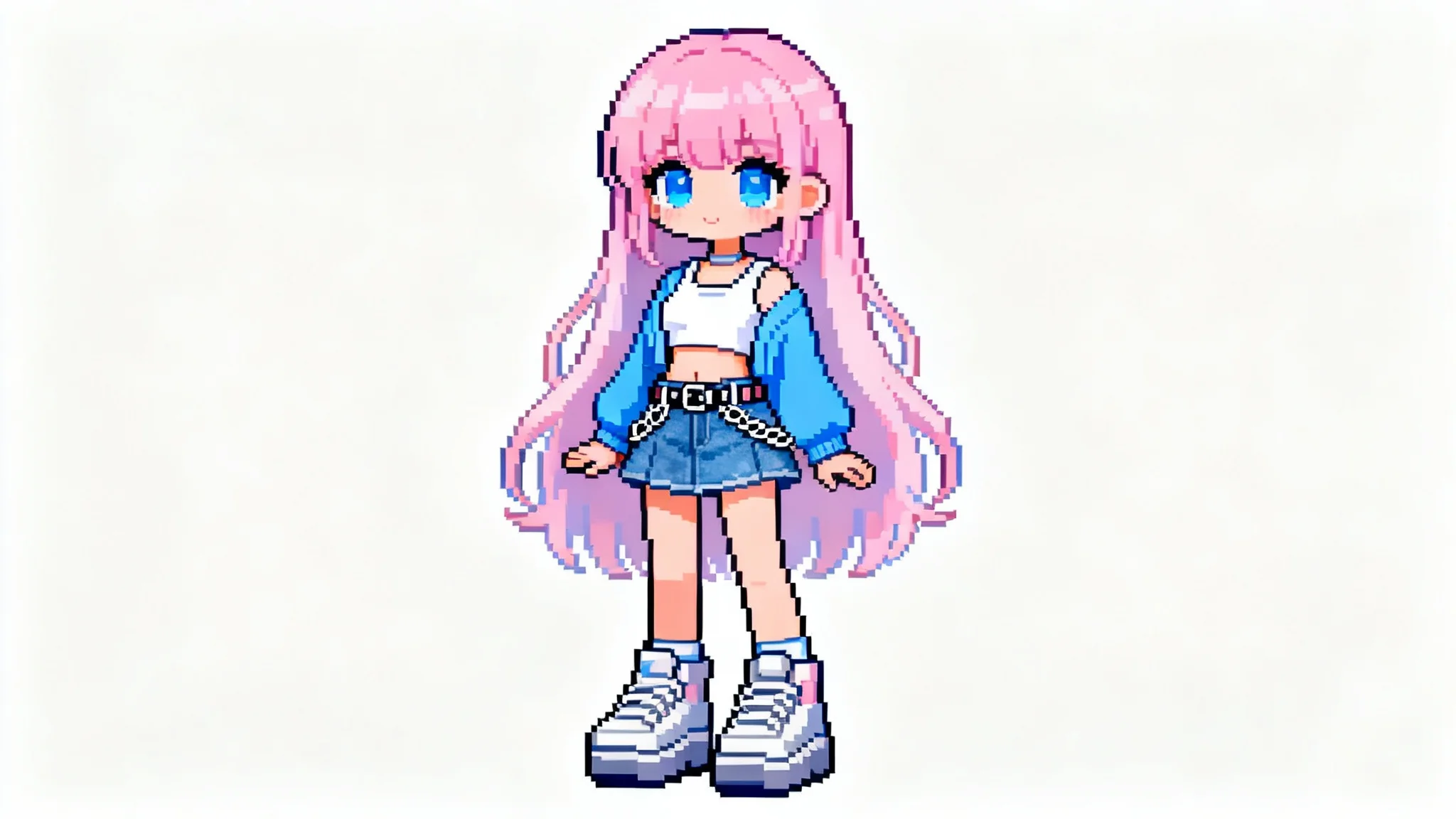 A full-body pixel art character of a girl with pastel pink hair and a Y2K-style outfit, created in the Everskies game aesthetic, isolated on a white background.