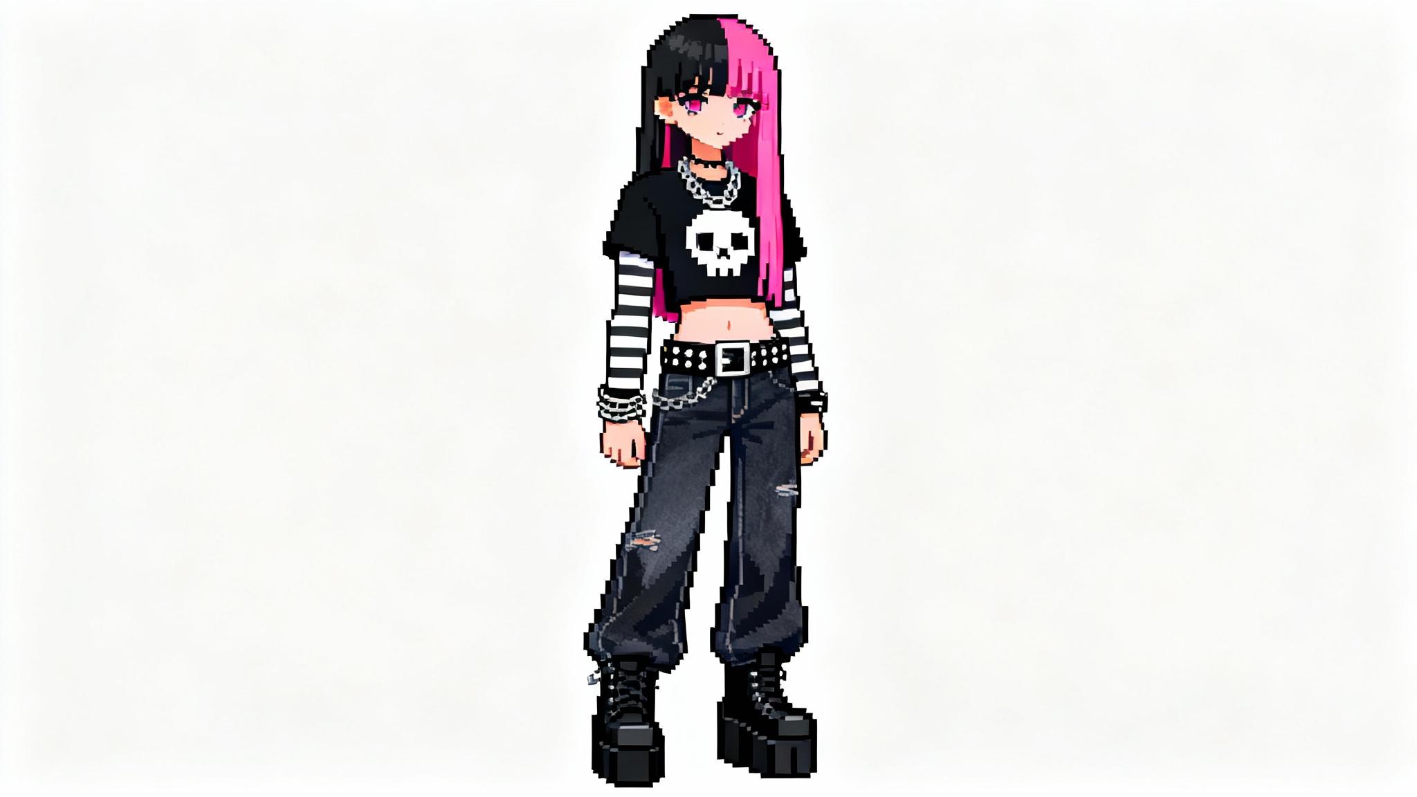 A full-body pixel art character in the Everskies style, with pink and black hair, wearing a layered emo-inspired outfit against a white background.