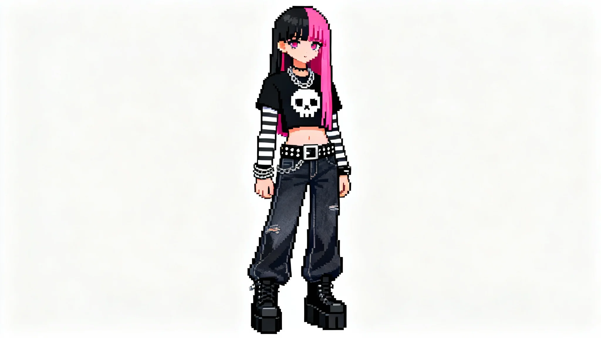 A full-body pixel art character in the Everskies style, with pink and black hair, wearing a layered emo-inspired outfit against a white background.