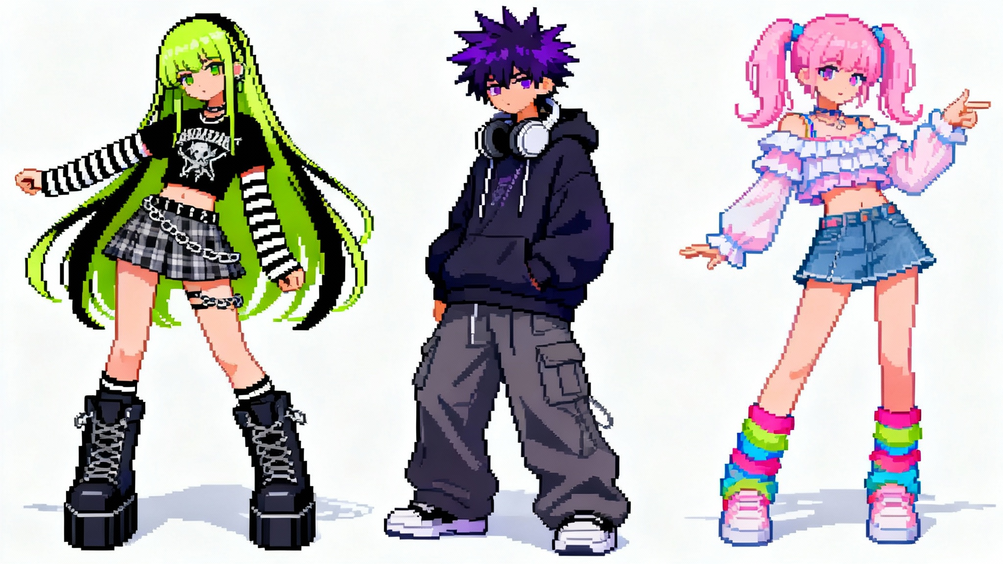 Three full-body pixel art characters in the Everskies style, showcasing vibrant Y2K and e-girl fashion with colorful hair and layered outfits, isolated on a white background.