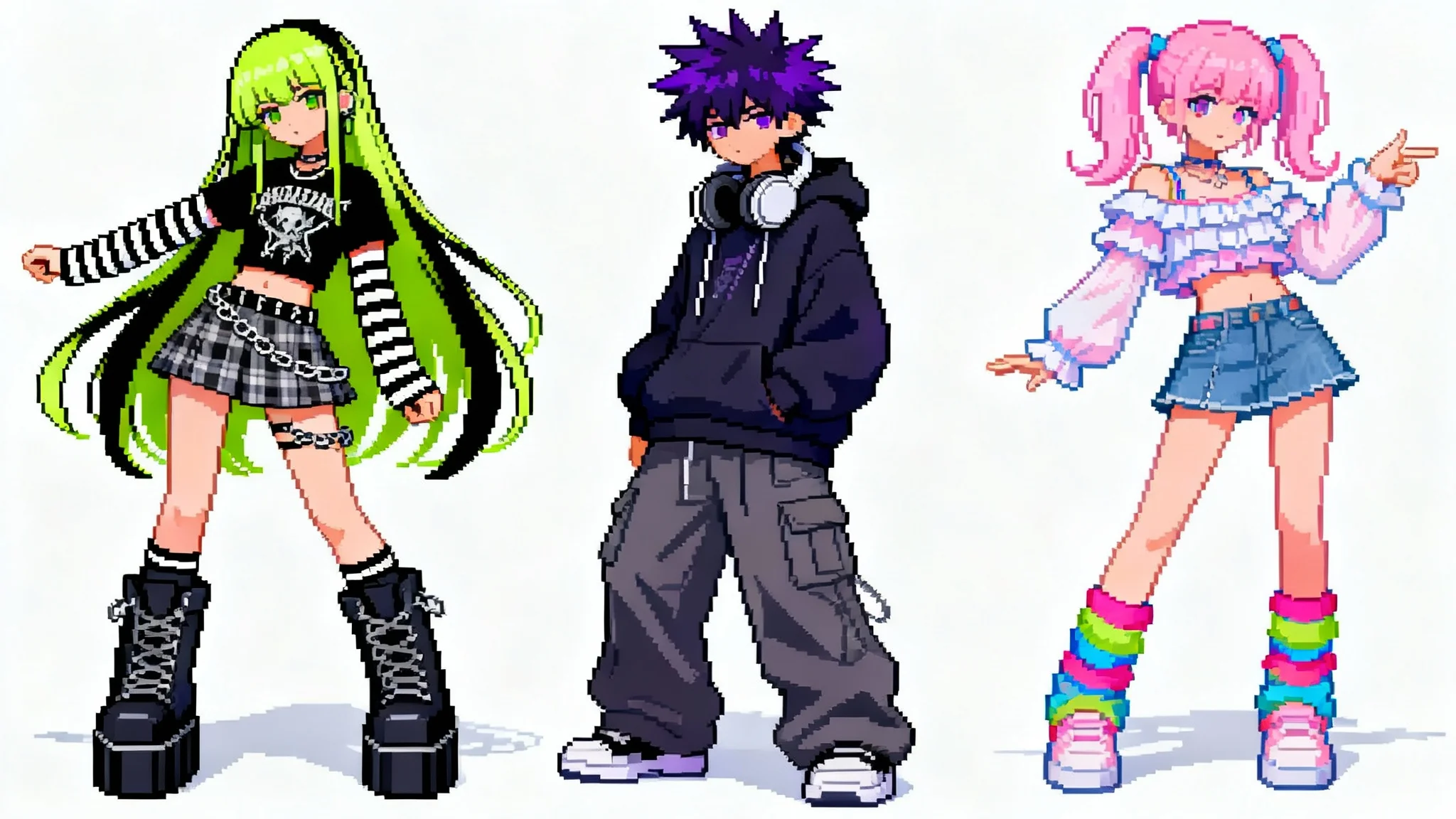 Three full-body pixel art characters in the Everskies style, showcasing vibrant Y2K and e-girl fashion with colorful hair and layered outfits, isolated on a white background.