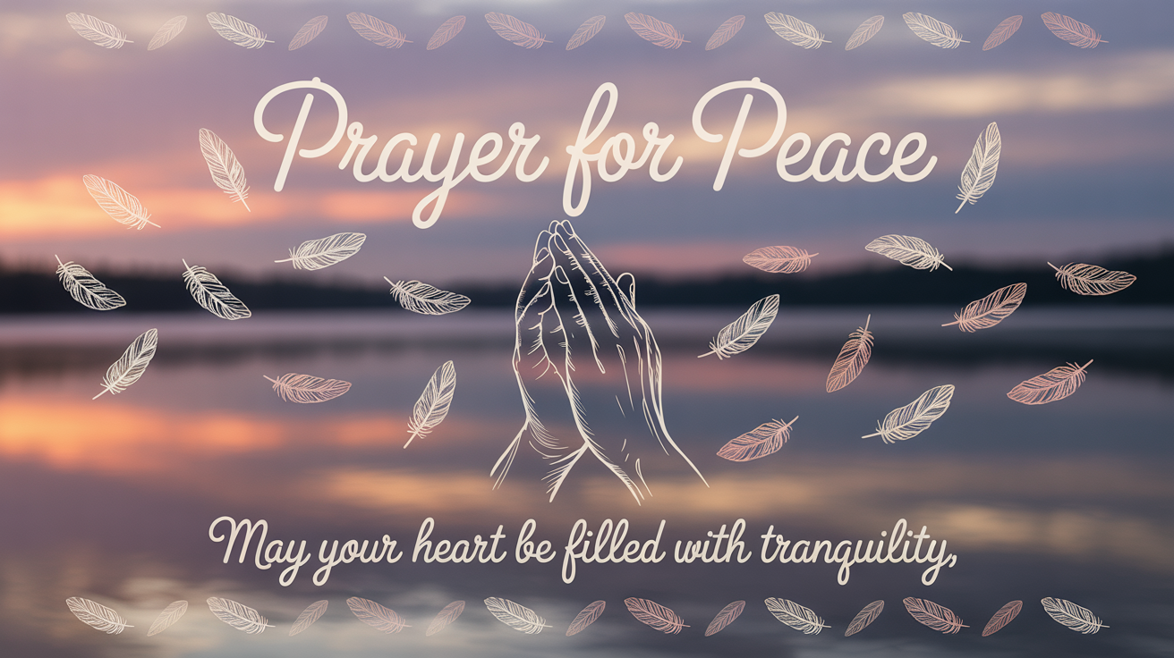 A finished prayer card design featuring a serene lake at dawn and the words 'PRAYER FOR PEACE' in elegant gold script, placed on a clean, modern surface.