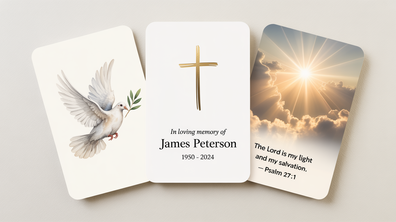 A mockup of three beautifully designed prayer cards with religious imagery and text, artfully arranged on a clean white background.