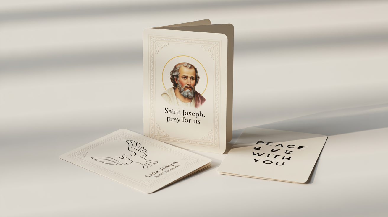 A professional mockup of three prayer cards on a white surface. One card stands up, showing a traditional portrait of a saint. Two others lie flat, one with a modern design featuring a dove.