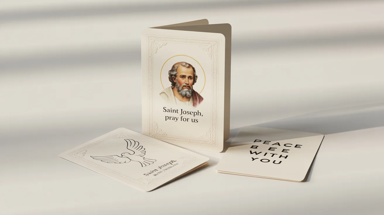 A professional mockup of three prayer cards on a white surface. One card stands up, showing a traditional portrait of a saint. Two others lie flat, one with a modern design featuring a dove.