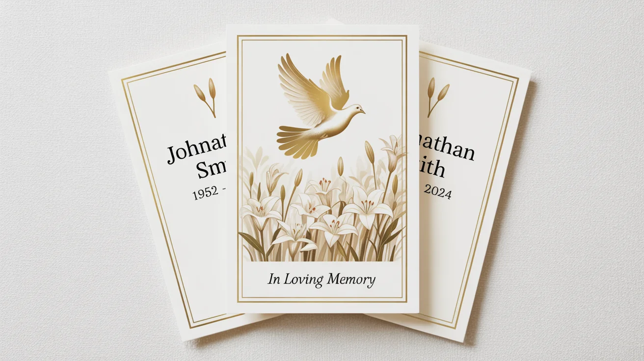 A mockup of three elegantly designed prayer cards with gold accents, fanned out on a white background, featuring a dove illustration and memorial text.