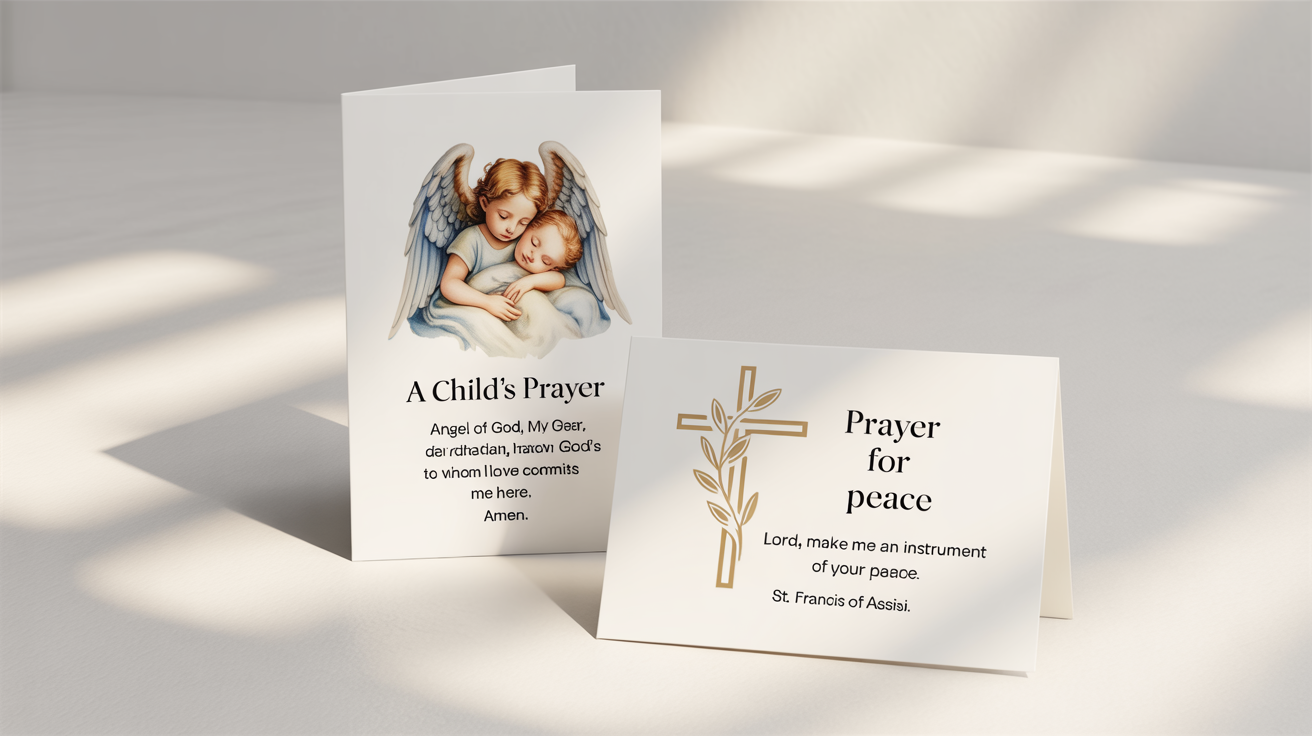 A photorealistic mockup of two prayer cards. The first is a traditional design with an angel and the title 'A Child's Prayer'. The second is a modern design with a gold foil cross and the title 'Prayer for Peace'.