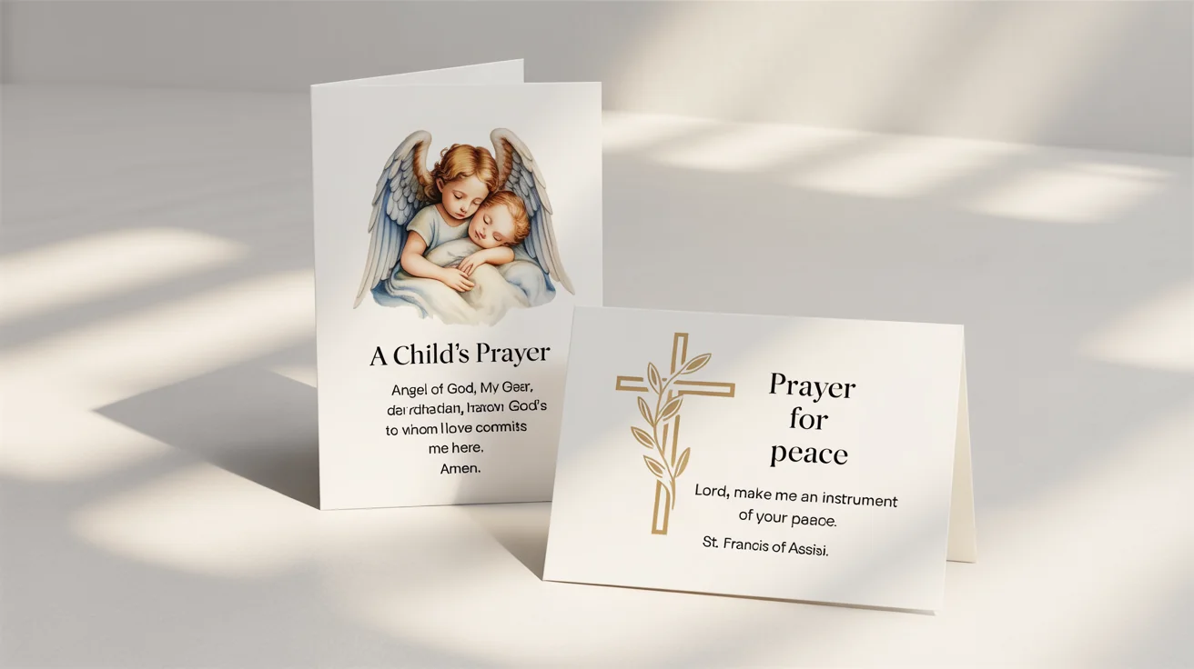 A photorealistic mockup of two prayer cards. The first is a traditional design with an angel and the title 'A Child's Prayer'. The second is a modern design with a gold foil cross and the title 'Prayer for Peace'.