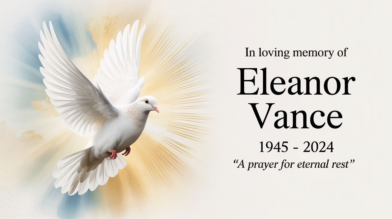 A professionally designed prayer card mockup for 'Eleanor Vance', featuring a serene illustration of a dove and elegant text, set against a clean white background.