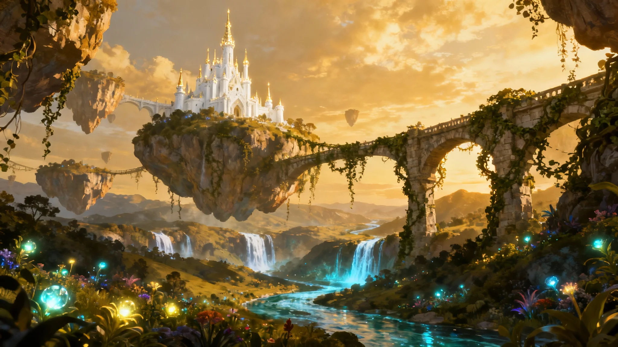 A stunning digital painting of a fantasy landscape, featuring floating islands with a grand castle, glowing waterfalls, and magical flora under a golden sky.