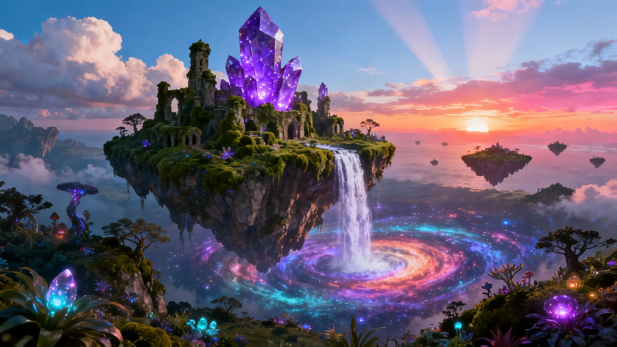 A stunning fantasy landscape featuring a large floating island with ancient ruins and a waterfall pouring into a colorful nebula below, bathed in the light of a dramatic sunset.