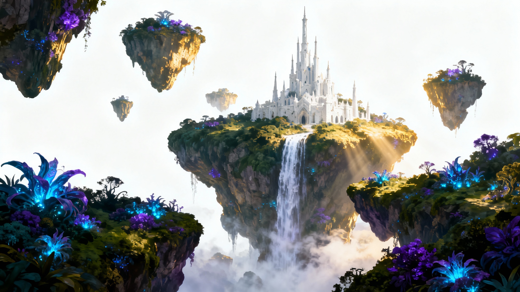 An epic fantasy landscape featuring majestic floating islands covered in lush, glowing plants and a grand castle, with a waterfall cascading into the mist, all isolated on a white background.