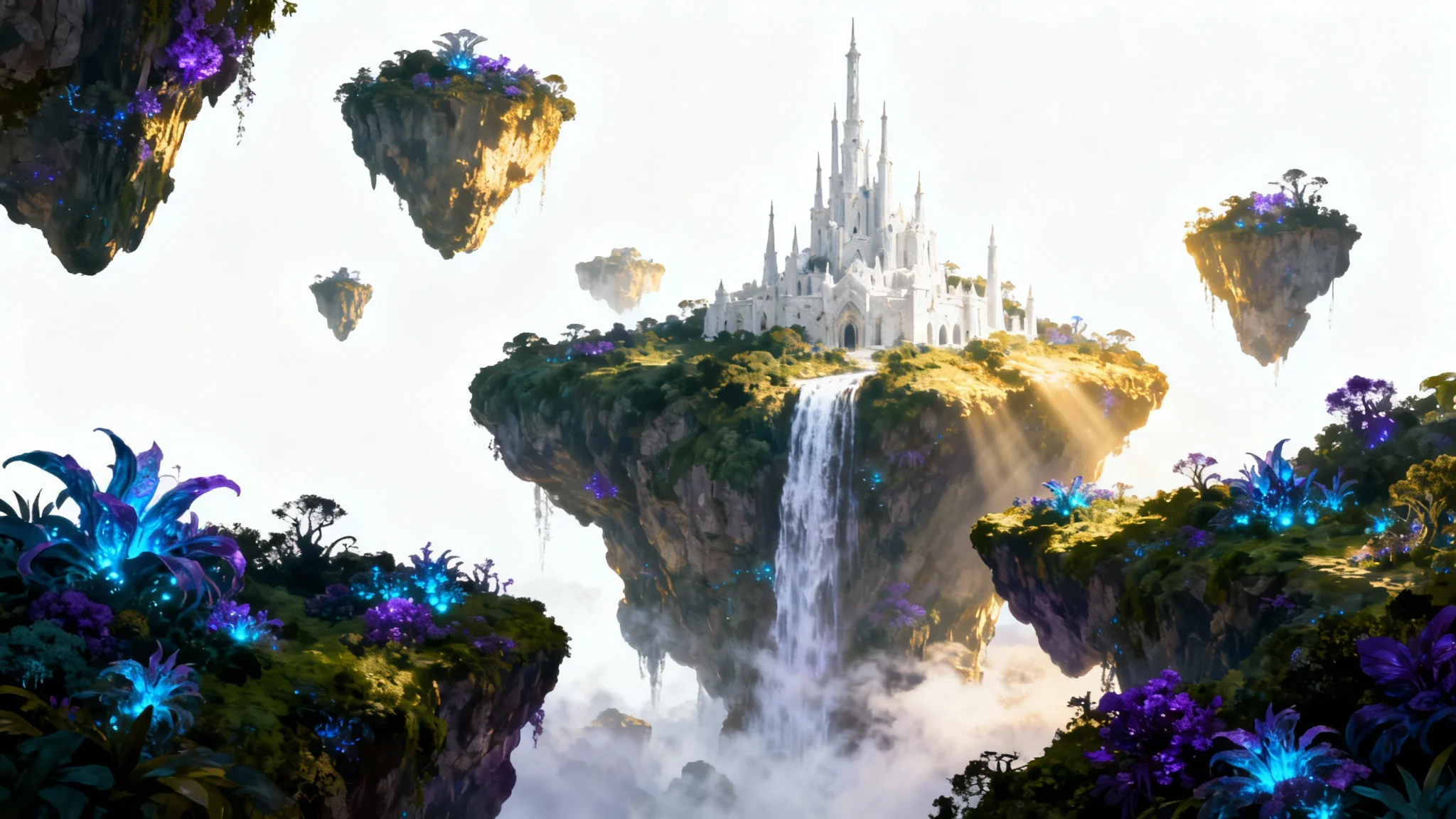 An epic fantasy landscape featuring majestic floating islands covered in lush, glowing plants and a grand castle, with a waterfall cascading into the mist, all isolated on a white background.