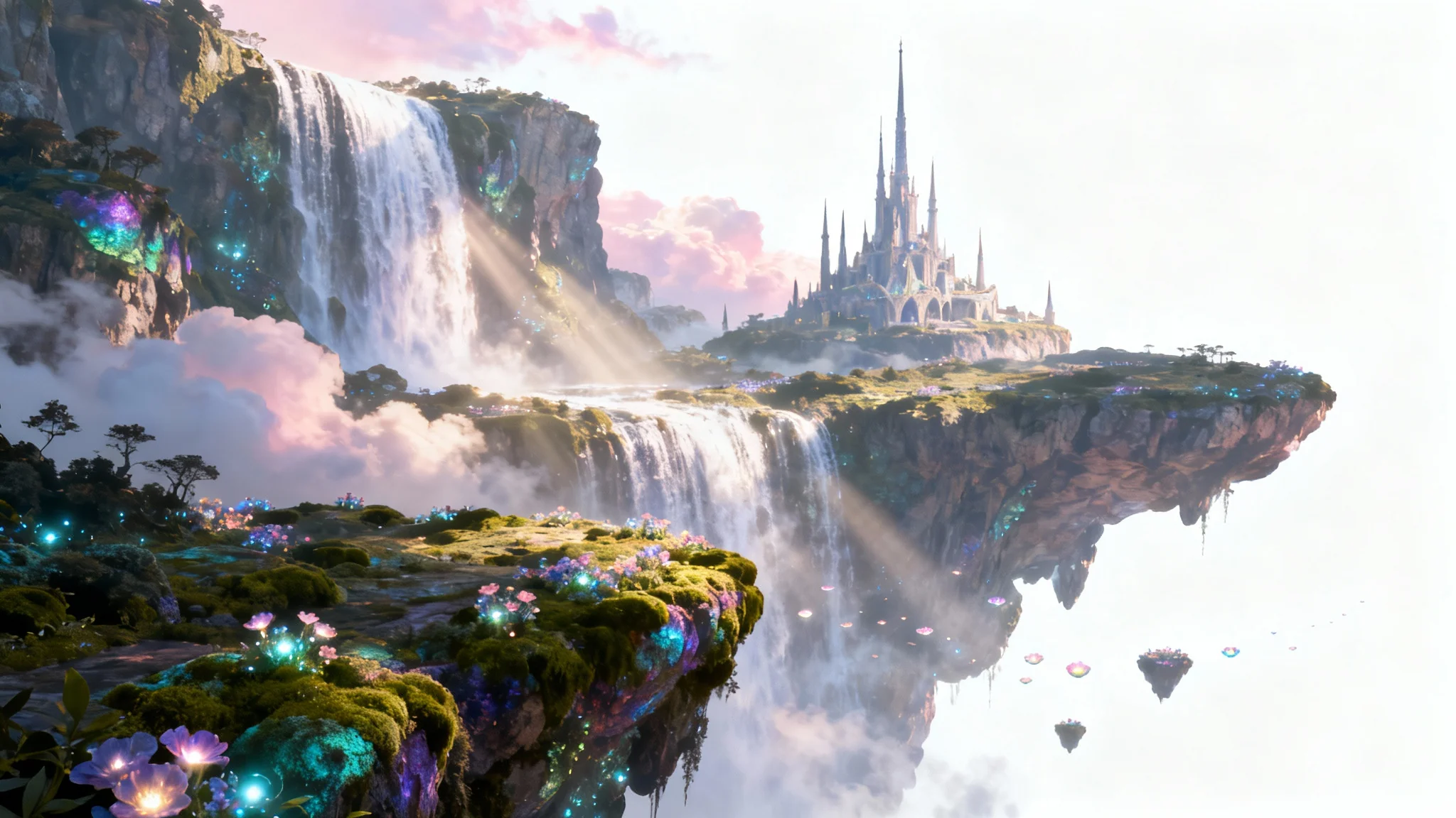 A breathtaking fantasy landscape featuring floating islands covered in glowing plants, with a majestic waterfall connecting them and a distant citadel under a magical sky.
