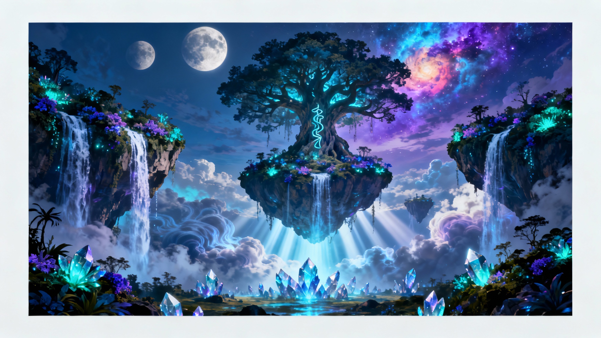 An epic fantasy landscape with floating islands, cascading waterfalls, and a giant mystical tree, all under a sky with two moons and a colorful nebula.