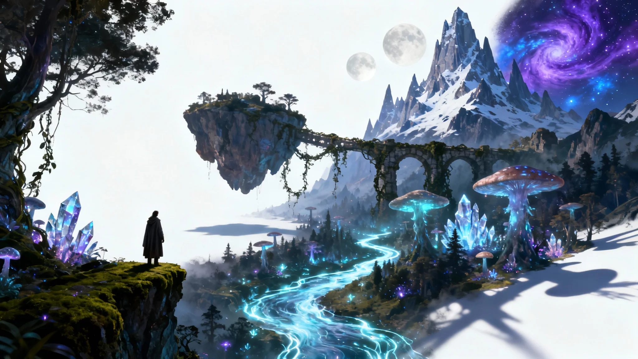 A breathtaking fantasy landscape at twilight, featuring floating islands, a glowing river, and giant bioluminescent mushrooms under a sky with two moons, presented as a high-quality mockup.