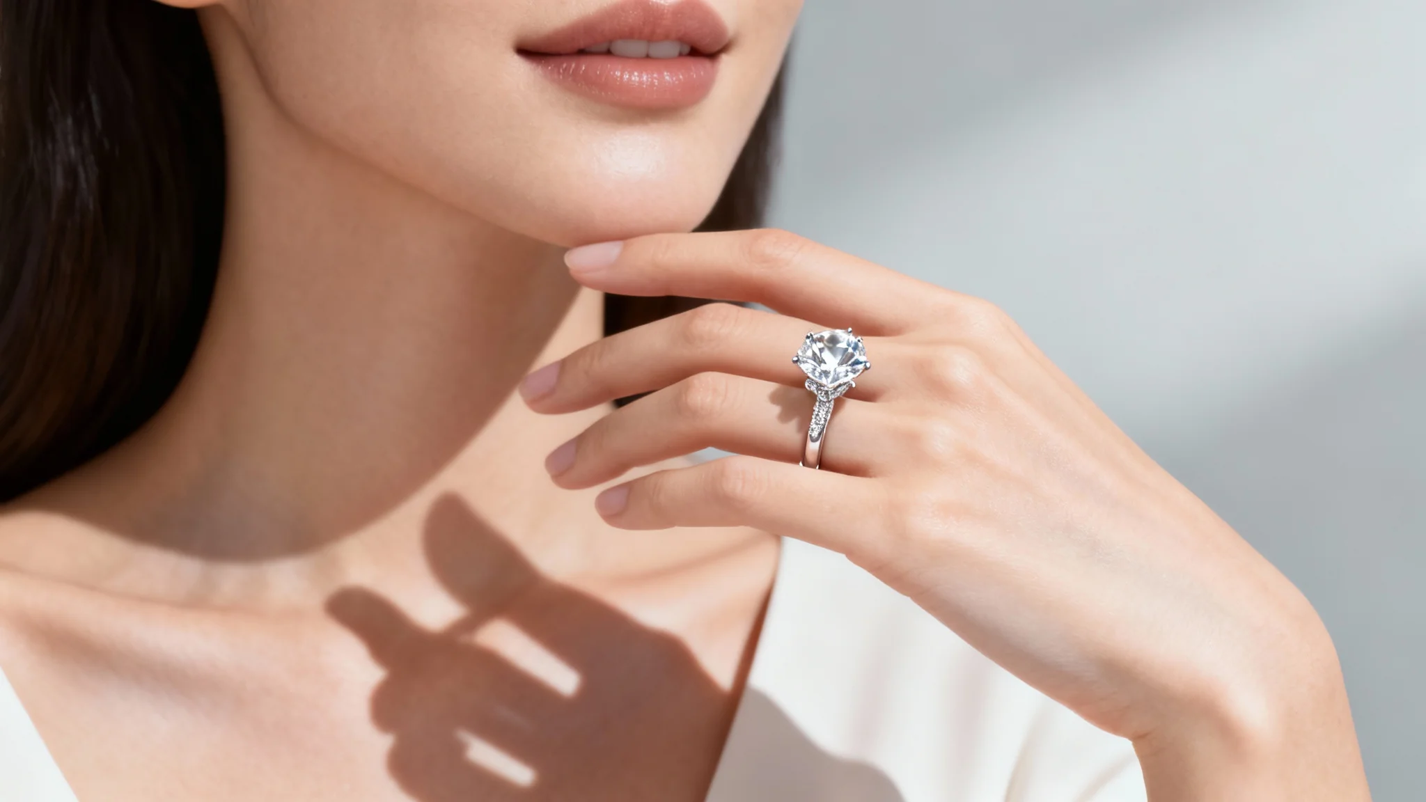 A photorealistic close-up of a woman's hand wearing a virtually-rendered diamond engagement ring, showcasing the final result of a virtual try-on tool.