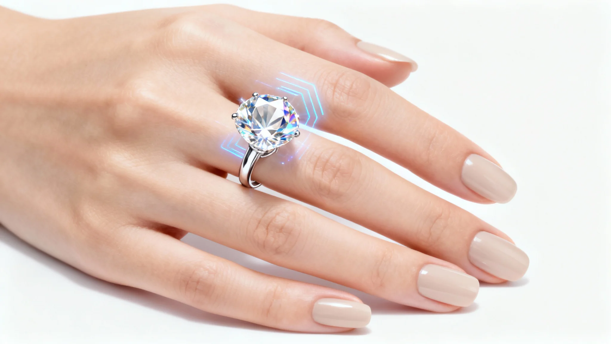 A hyper-realistic close-up of a woman's hand wearing a virtual engagement ring that has a subtle blue holographic glow, set against a plain white background.