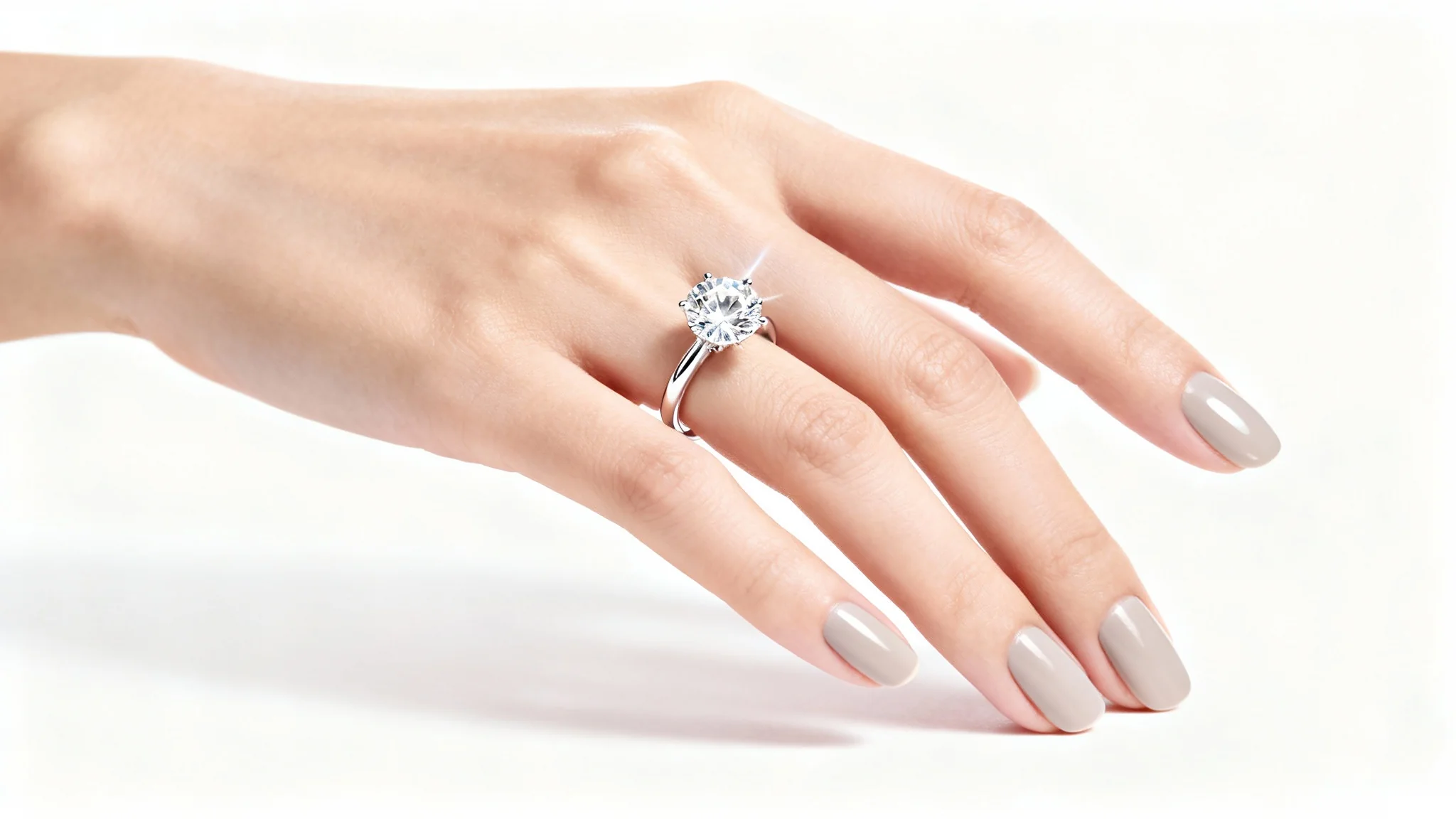 A hyper-realistic close-up image of a woman's hand wearing a beautiful diamond solitaire ring, illustrating a virtual try-on experience against a stark white background.