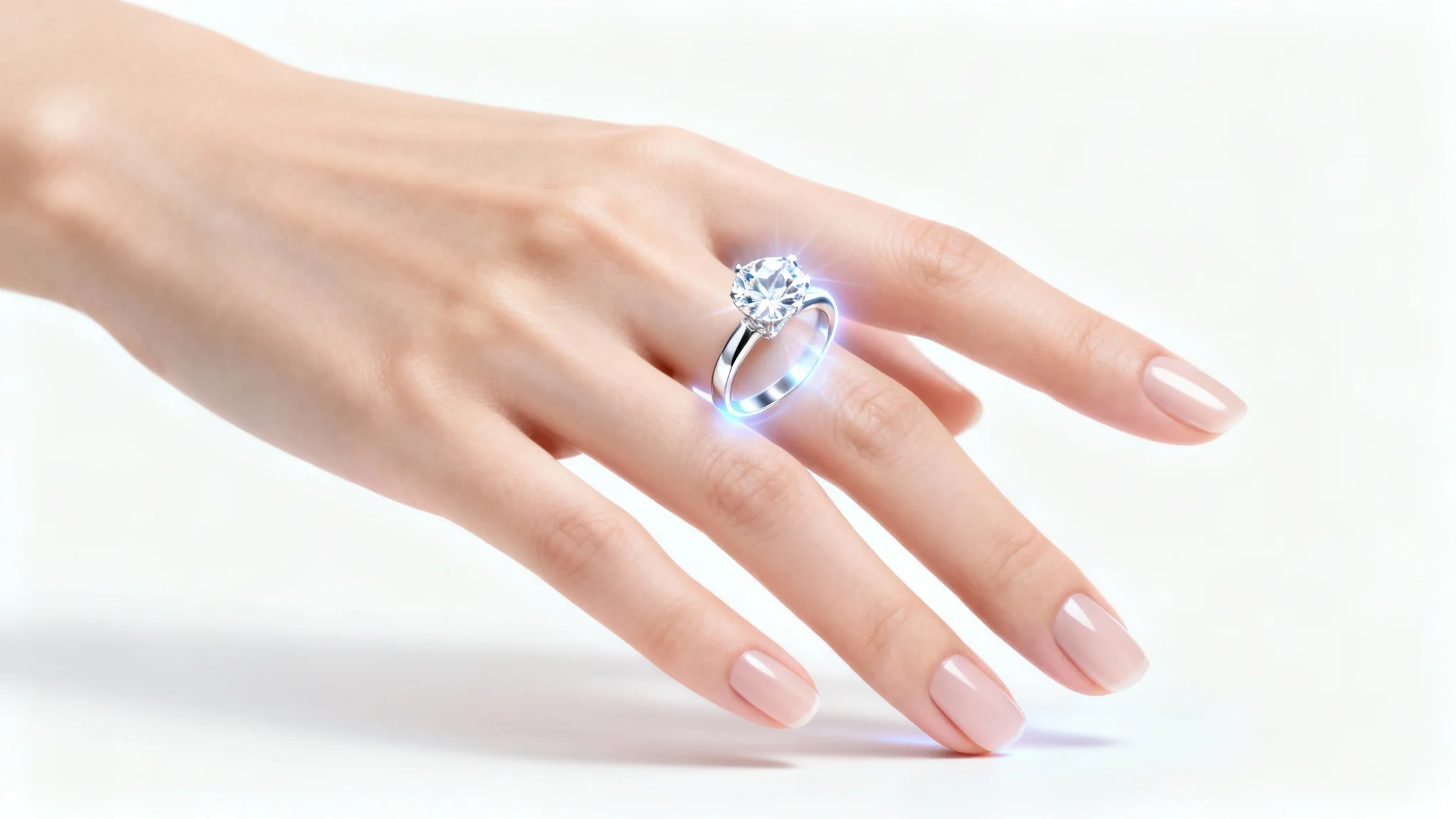 A photorealistic close-up of a woman's hand against a white background, with a glowing, virtual diamond ring being projected onto her finger in a virtual try-on experience.