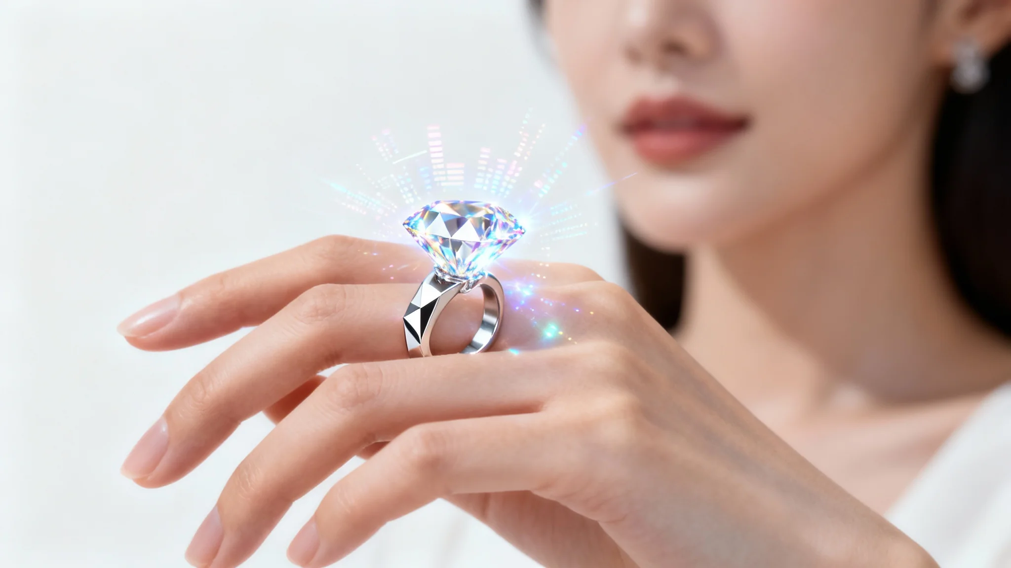 A close-up of a woman's hand with a glowing, virtual diamond ring projected onto her finger, set against a plain white background.