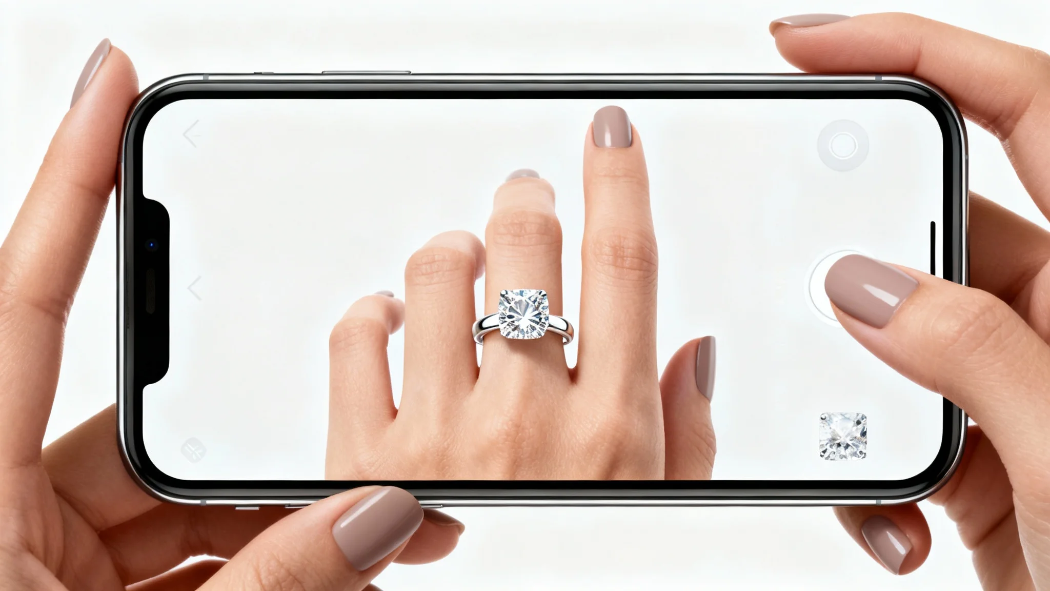 An elegant woman's hand is shown, with a smartphone displaying a virtual try-on of a diamond ring perfectly placed on her finger on the screen, against a clean white background.