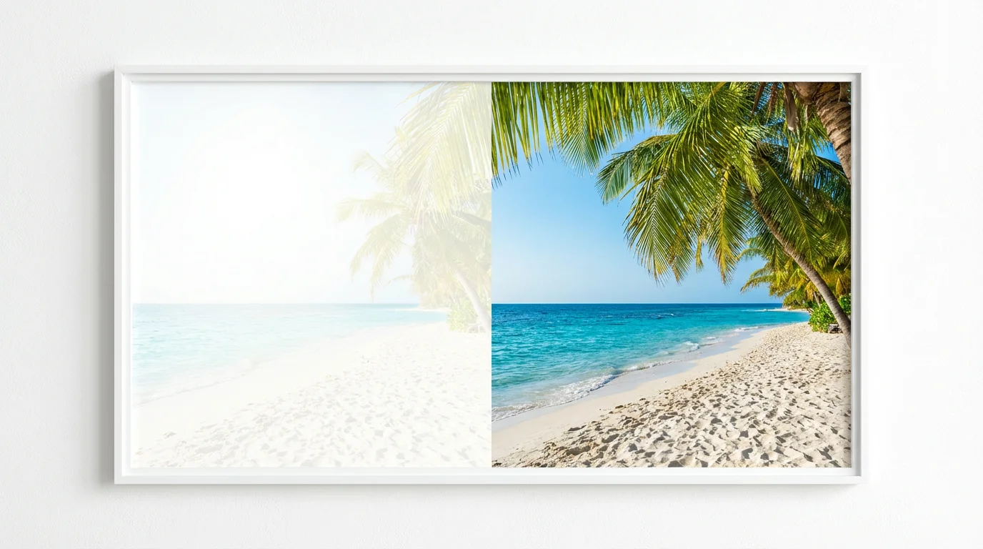 A before-and-after image of a sunny beach scene, demonstrating brightness reduction. The left side is overexposed and washed out, while the right side is clear, vibrant, and perfectly exposed.