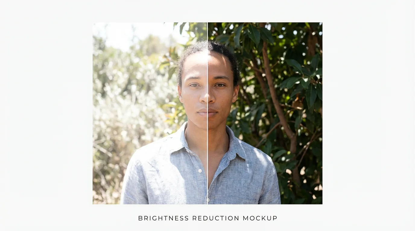 A before-and-after split image showing the effect of reducing brightness on a portrait. The left side is overexposed and washed-out, while the right side has balanced lighting, rich color, and clear detail.