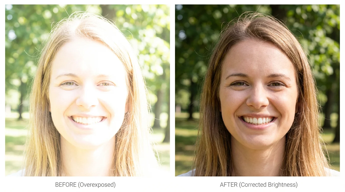 A side-by-side comparison image showing the effect of reducing brightness. On the left, a portrait is overexposed and too bright. On the right, the same portrait has balanced brightness, revealing natural skin tones and detail.
