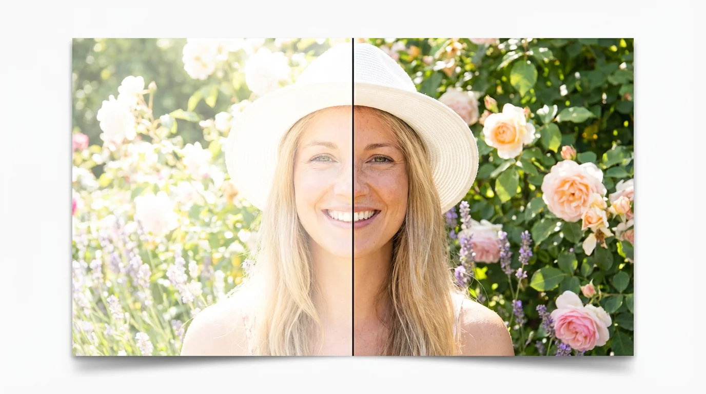 A before-and-after image demonstrating brightness reduction. The left side shows an overexposed portrait of a woman, while the right side shows the same portrait with balanced brightness and clear details.