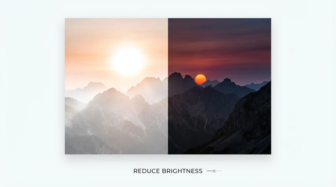 A split-image demonstrating a brightness reduction effect. The left side shows an overexposed mountain sunset photo, and the right side shows the same photo with corrected brightness, revealing rich colors and detail.