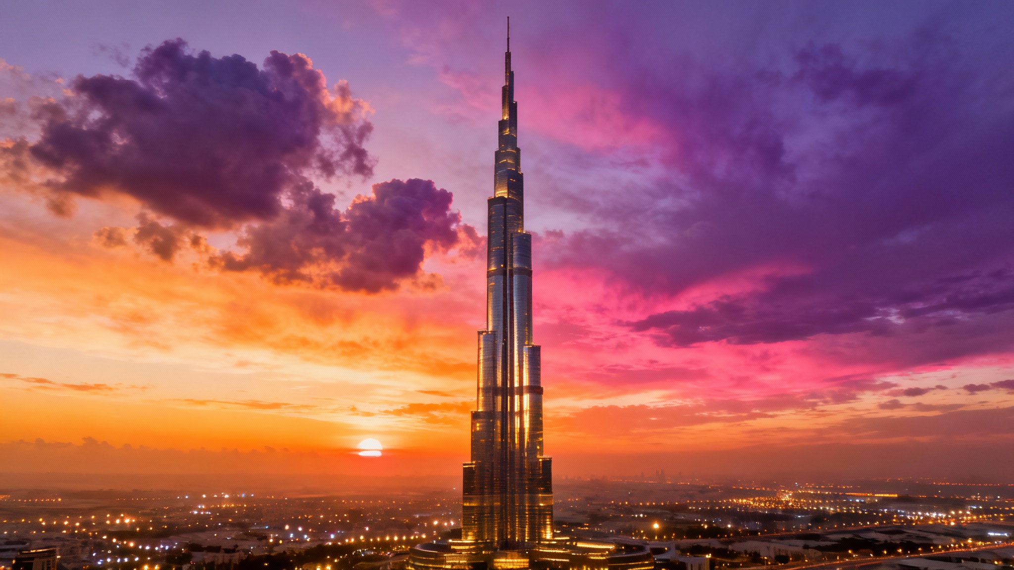 An awe-inspiring, wide-angle shot of the Burj Khalifa at sunset, its metallic structure illuminated by the golden sun against a dramatic, colorful sky.