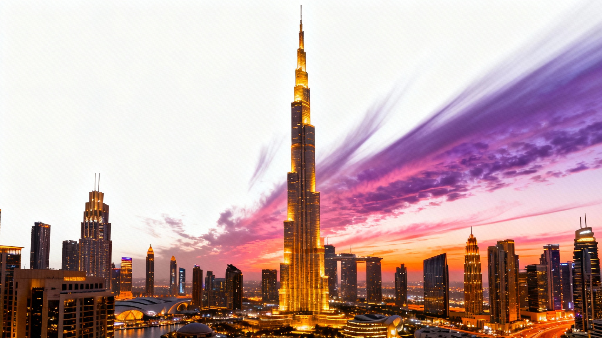 A stunning, photorealistic background image of the Burj Khalifa at sunset, its peak piercing a colorful sky above the illuminated Dubai skyline.
