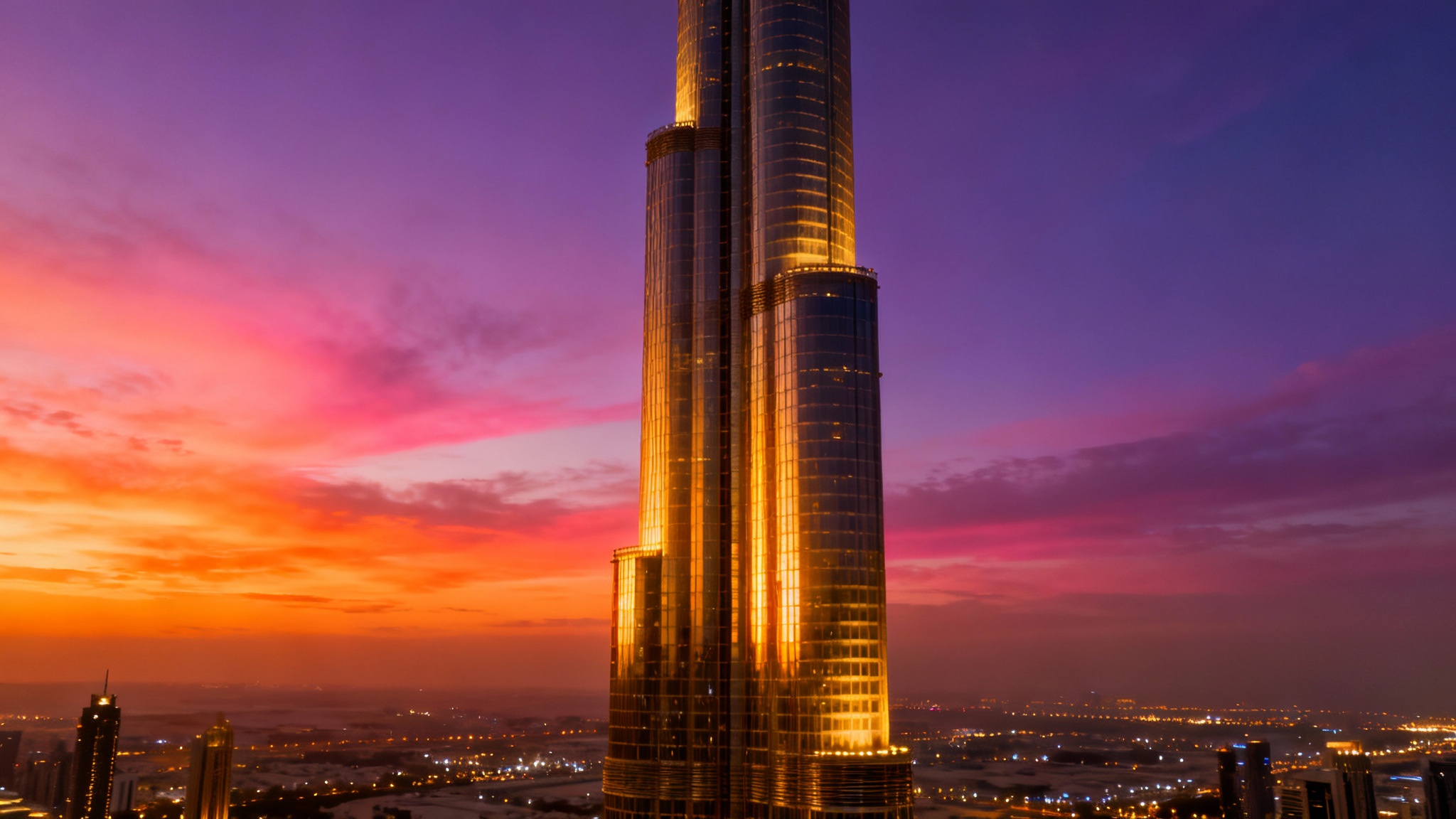 A stunning, low-angle photograph of the Burj Khalifa at sunset, its metallic facade glowing in the golden light against a vibrant orange and purple sky as the city lights of Dubai begin to appear.