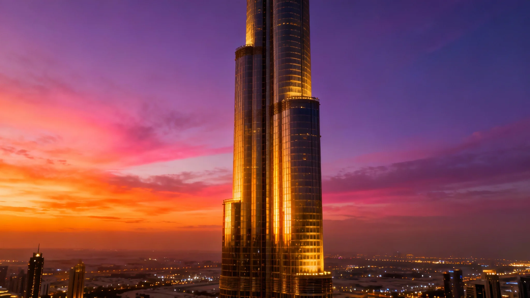 A stunning, low-angle photograph of the Burj Khalifa at sunset, its metallic facade glowing in the golden light against a vibrant orange and purple sky as the city lights of Dubai begin to appear.
