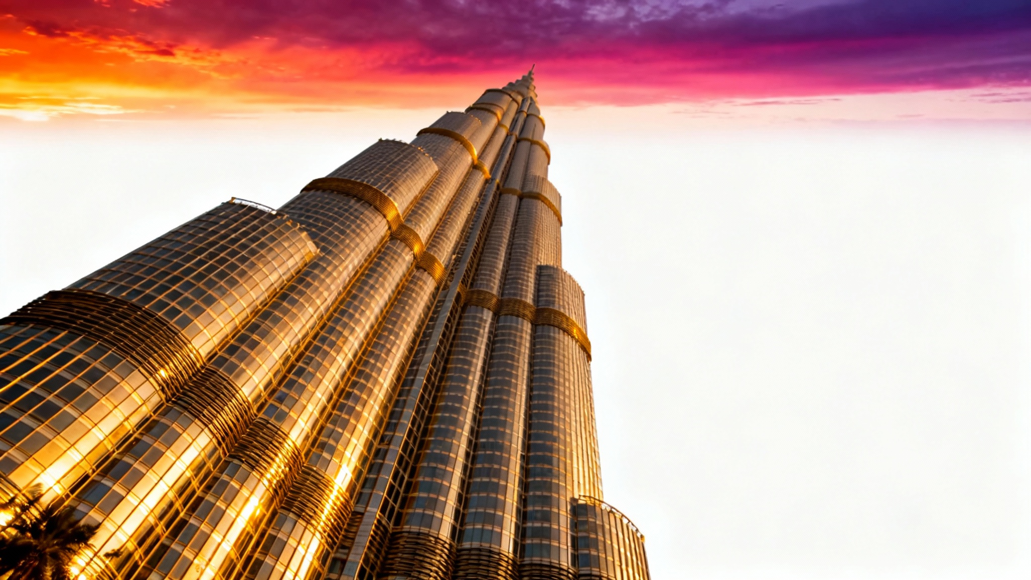 A photorealistic image of the Burj Khalifa at sunset, showcasing its immense height against a colorful sky, isolated on a white background.