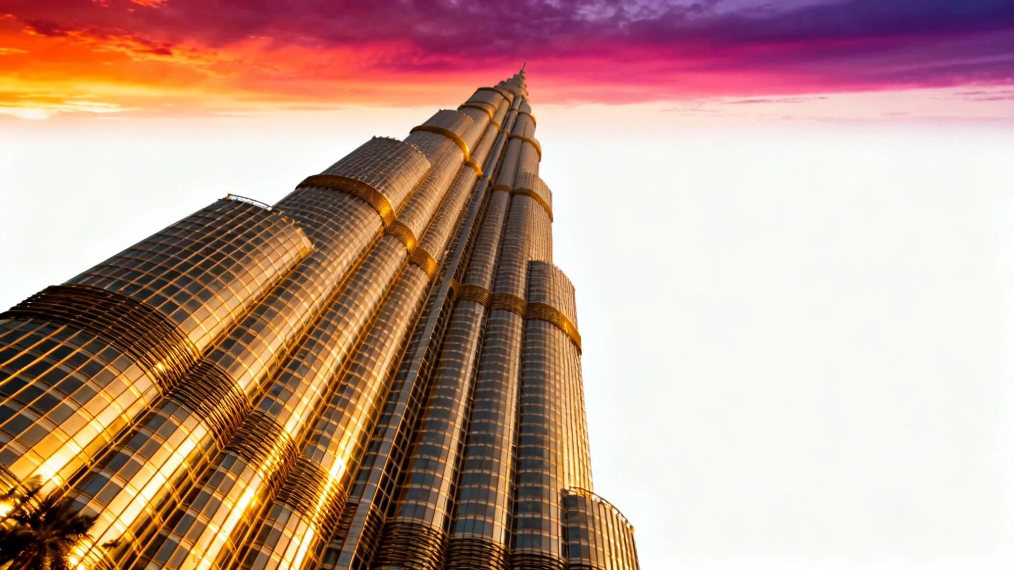 A photorealistic image of the Burj Khalifa at sunset, showcasing its immense height against a colorful sky, isolated on a white background.