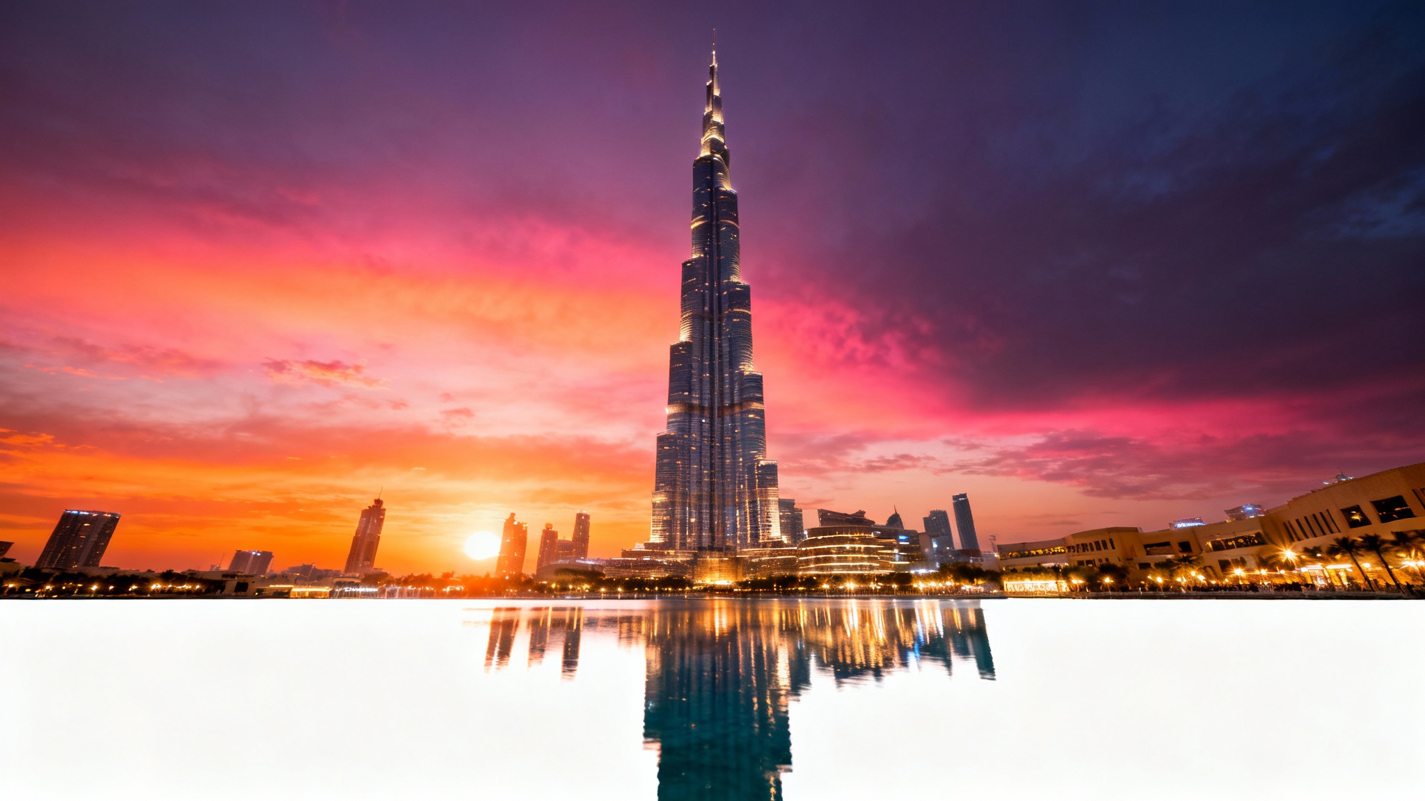 A stunning photograph of the Burj Khalifa at sunset, viewed from a low angle, with its reflection visible in the water below and the vibrant colors of the sky in the background.