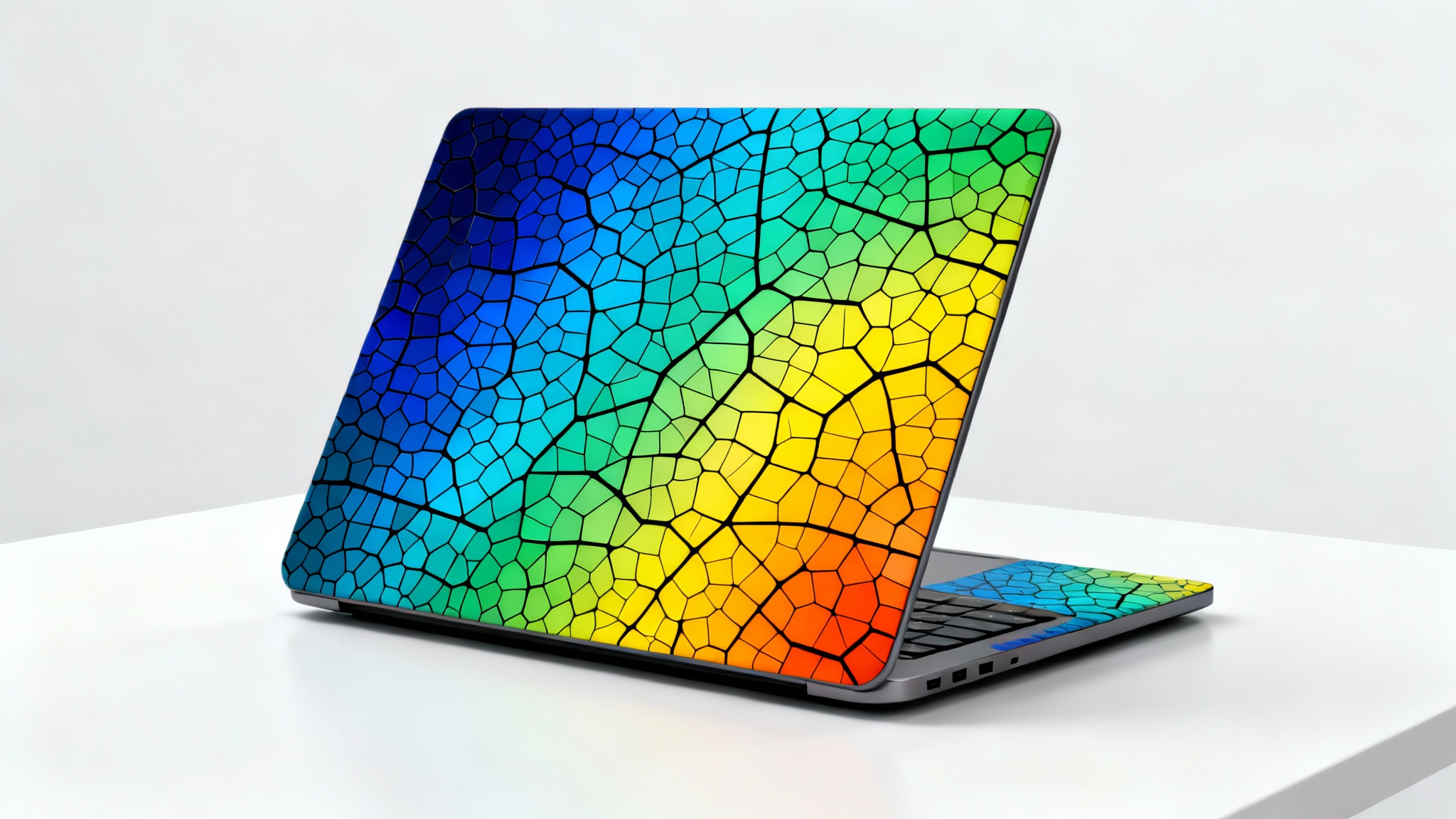 A close-up of a laptop with a custom skin featuring a colorful Voronoi pattern of blue, green, and orange polygonal shapes against a clean white background.