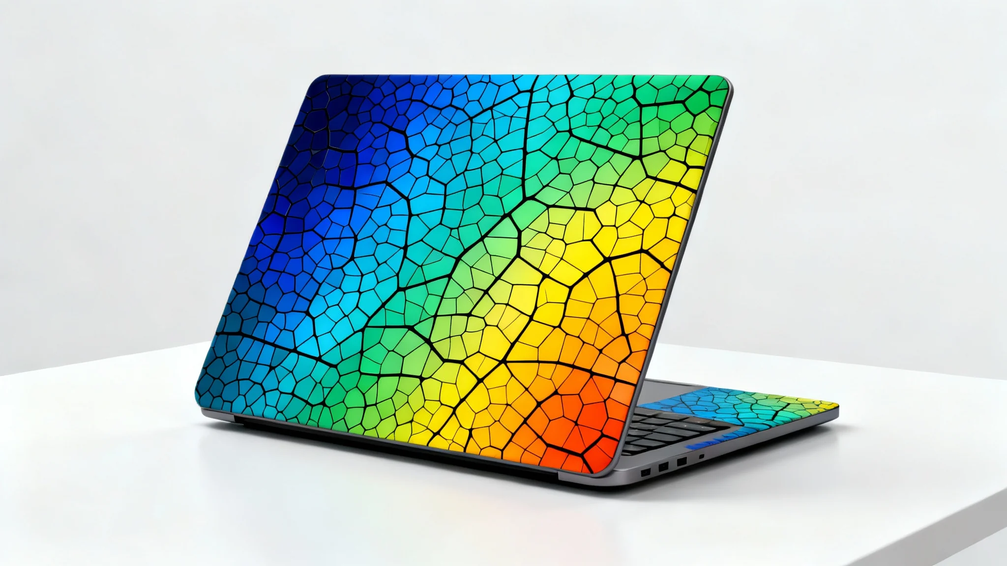 A close-up of a laptop with a custom skin featuring a colorful Voronoi pattern of blue, green, and orange polygonal shapes against a clean white background.
