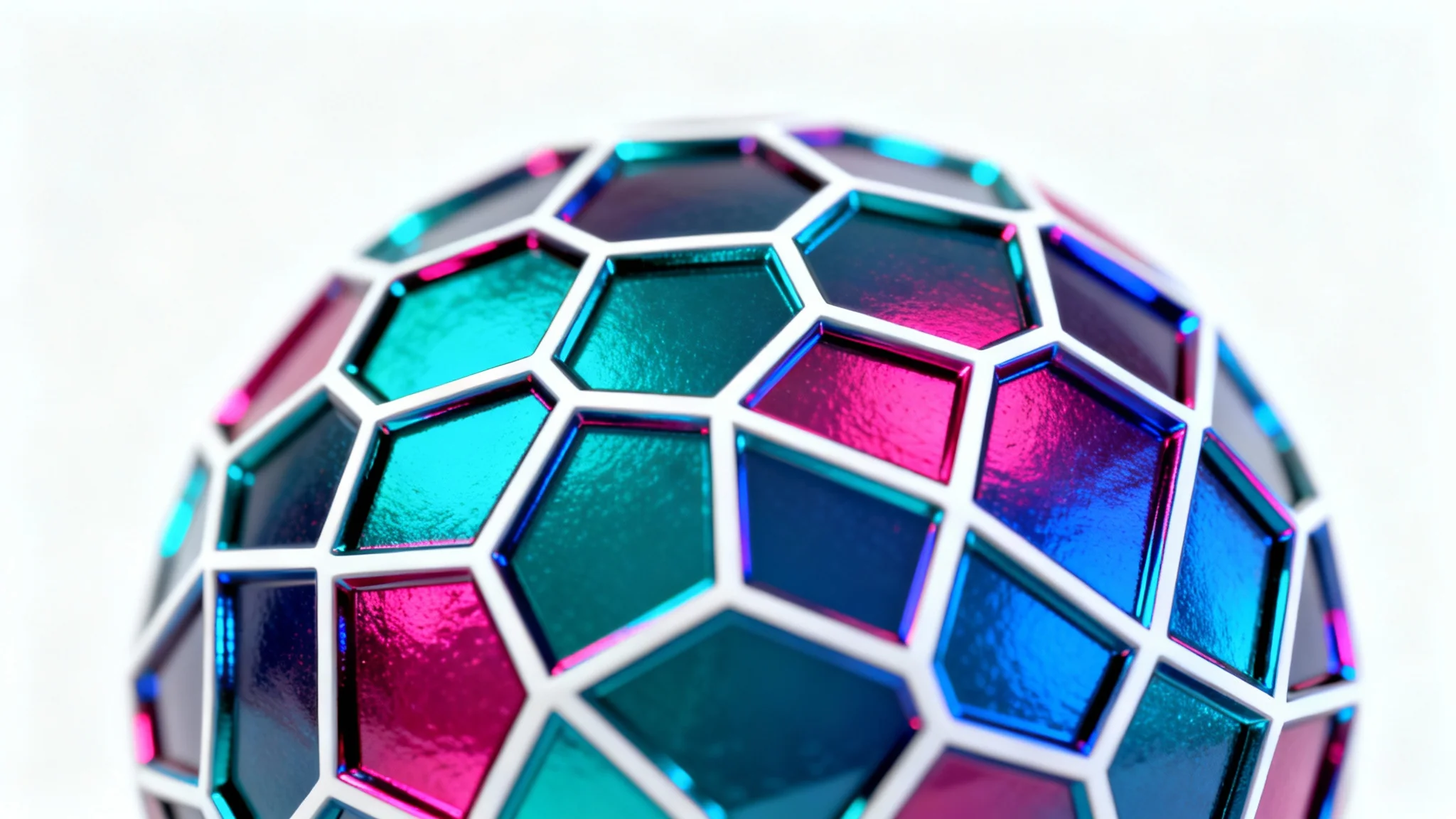 A close-up image of a vibrant, glossy 3D Voronoi pattern featuring cells in shades of teal, magenta, and blue, isolated against a plain white background.