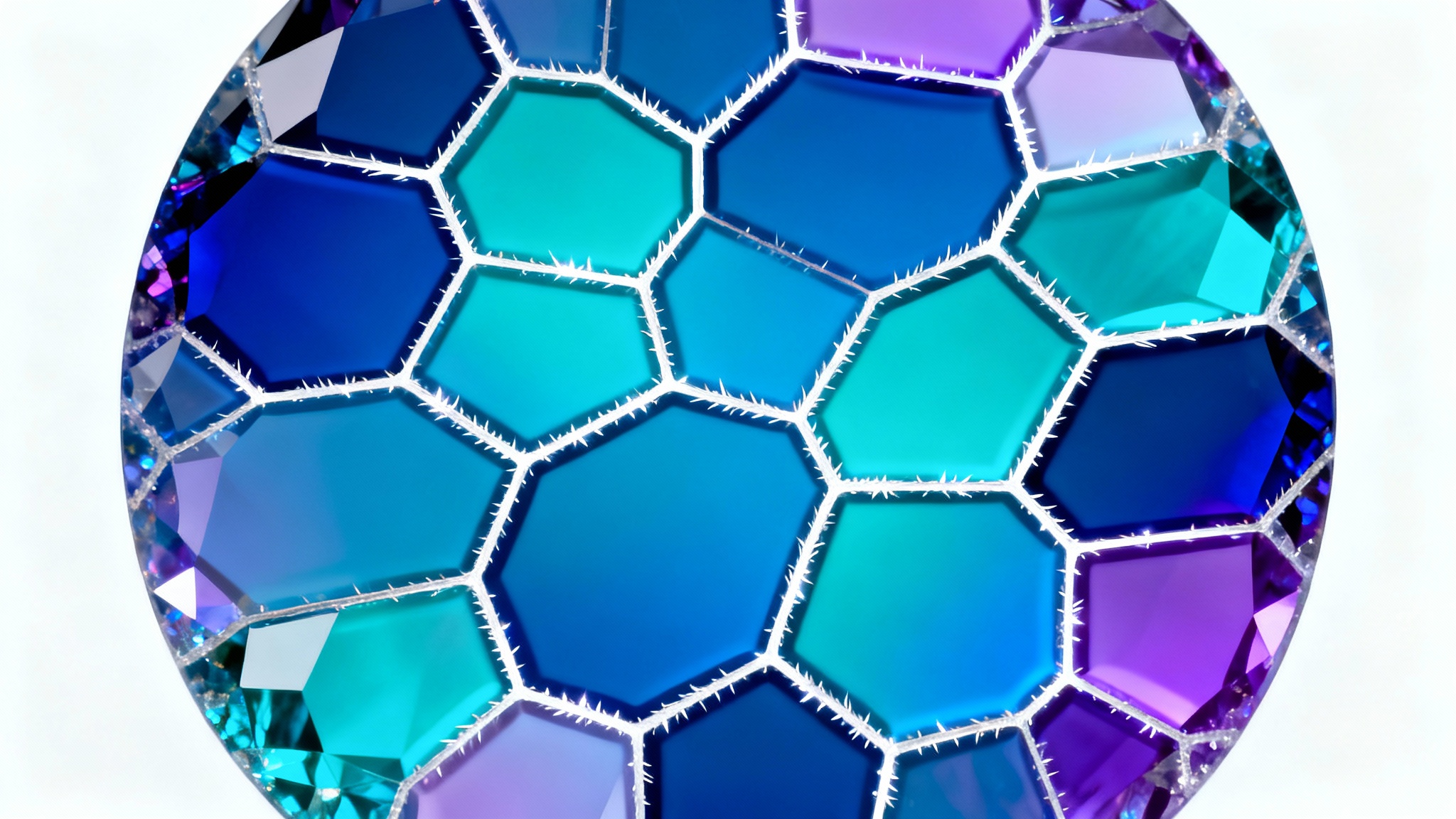 An abstract, photorealistic image of a vibrant Voronoi pattern with cells in shades of blue, teal, and purple, separated by crisp white lines, all on a plain white background.
