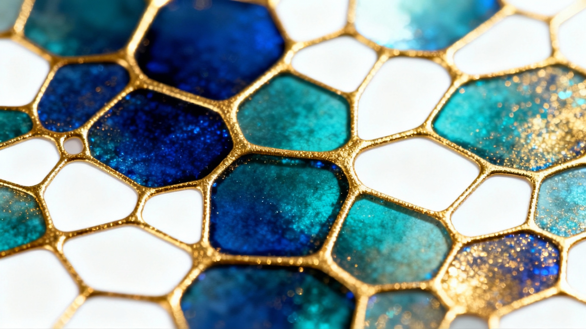 An elegant Voronoi pattern with cells of deep blue, teal, and gold, outlined in thin gold lines, all set against a clean white background.