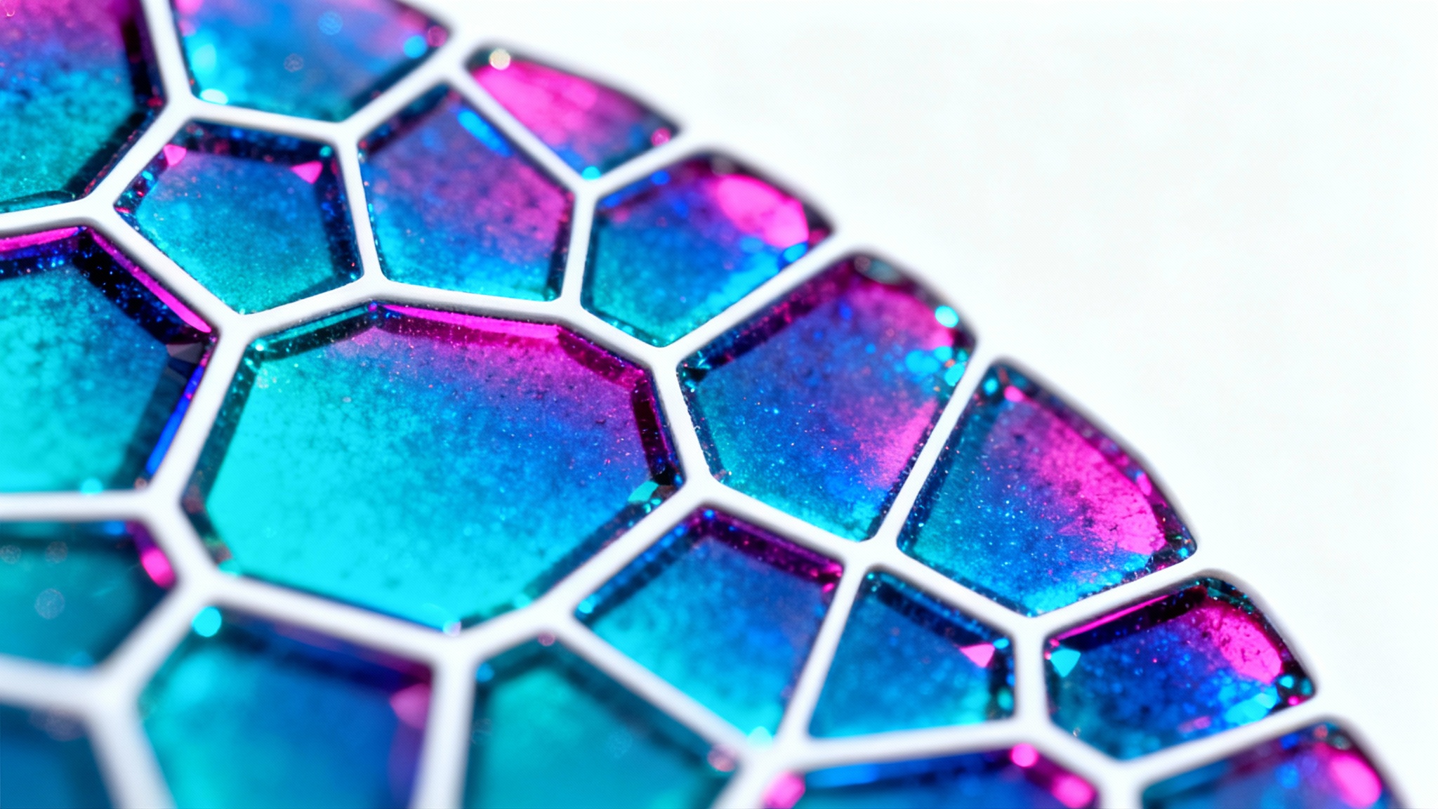 A close-up, detailed image of a Voronoi pattern with cells colored in a beautiful gradient of cyan, magenta, and blue, separated by thin white lines, all against a clean white background.