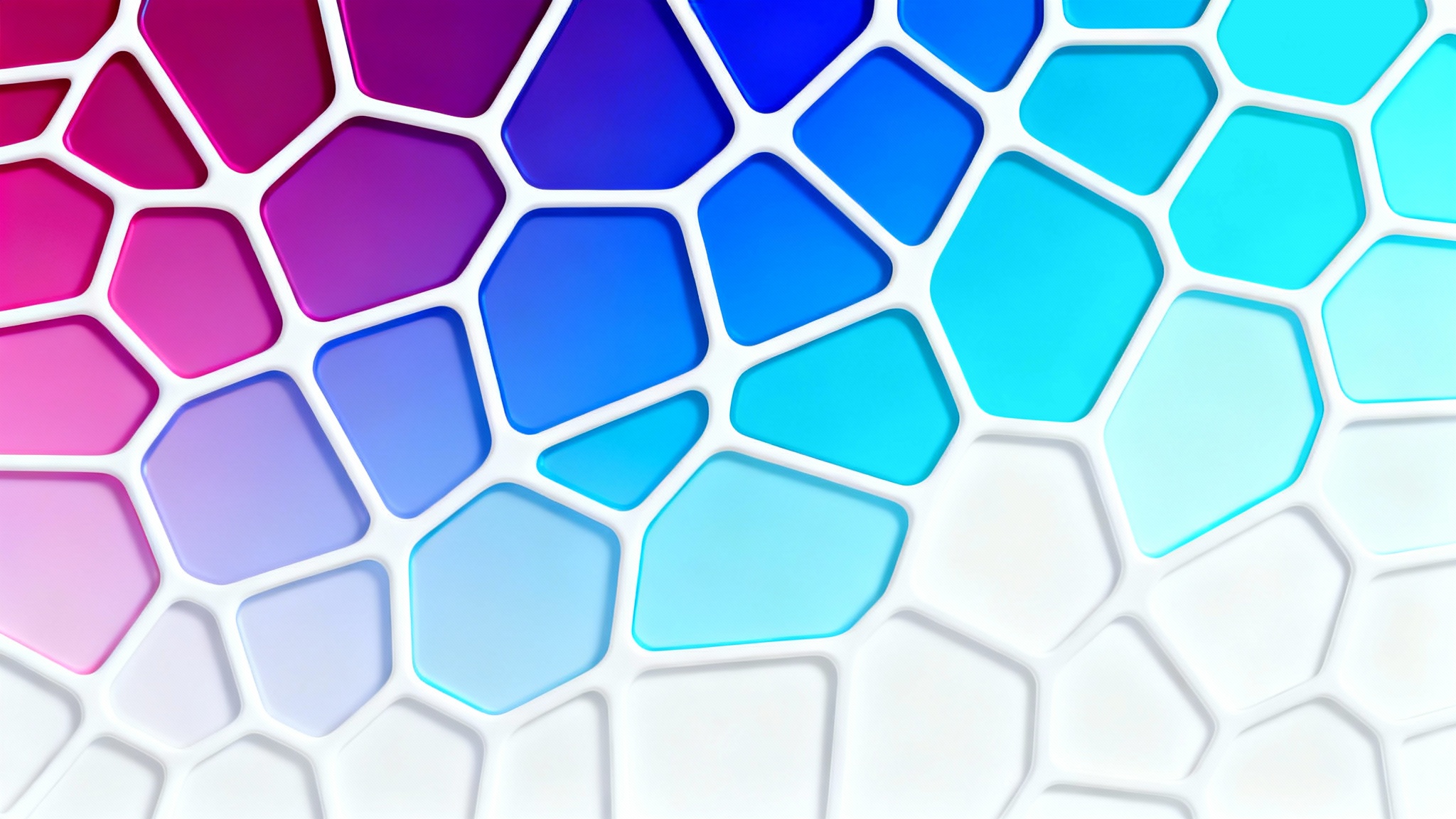A vibrant Voronoi pattern with cells colored in a gradient of magenta, blue, and cyan, set against a clean white background.