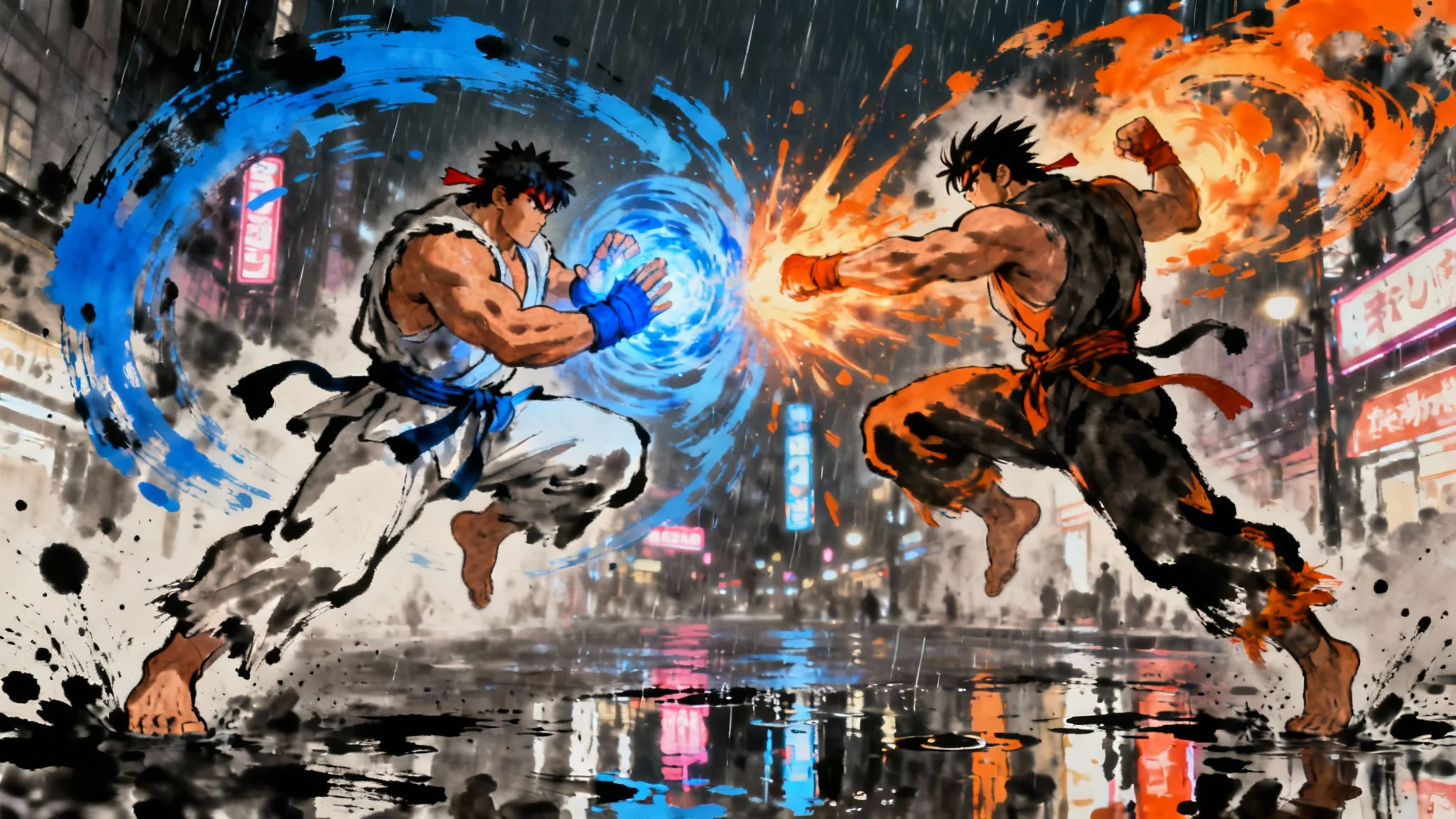 A dynamic digital painting in the art style of Street Fighter, showing Ryu and Ken in a fierce battle on a city street at night. Ryu launches a blue Hadoken energy ball while Ken counters with a fiery uppercut, creating a clash of vibrant energy and ink splashes.