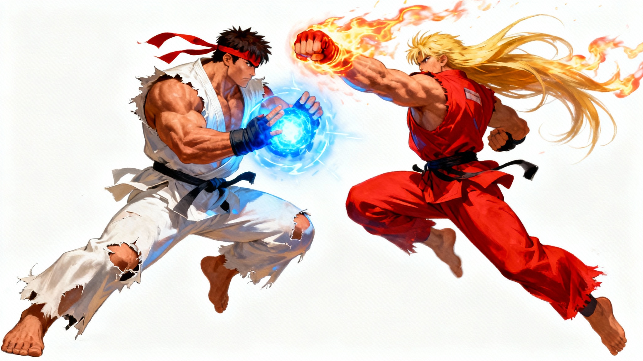 A dynamic digital art piece in the style of Street Fighter, showing two martial artists in mid-battle with glowing blue and fiery orange energy attacks, set against a clean white background.