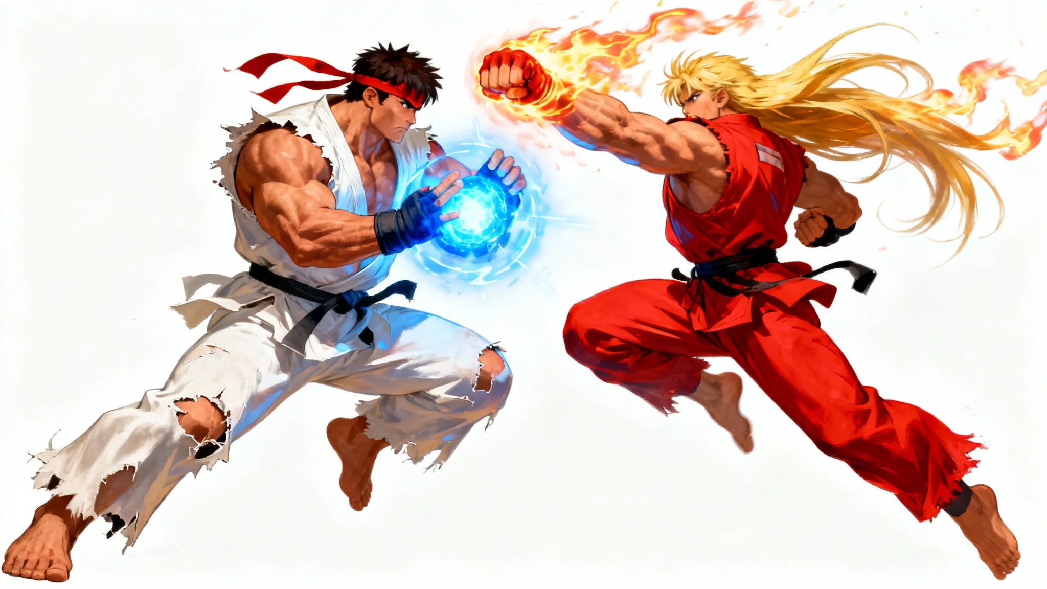 A dynamic digital art piece in the style of Street Fighter, showing two martial artists in mid-battle with glowing blue and fiery orange energy attacks, set against a clean white background.